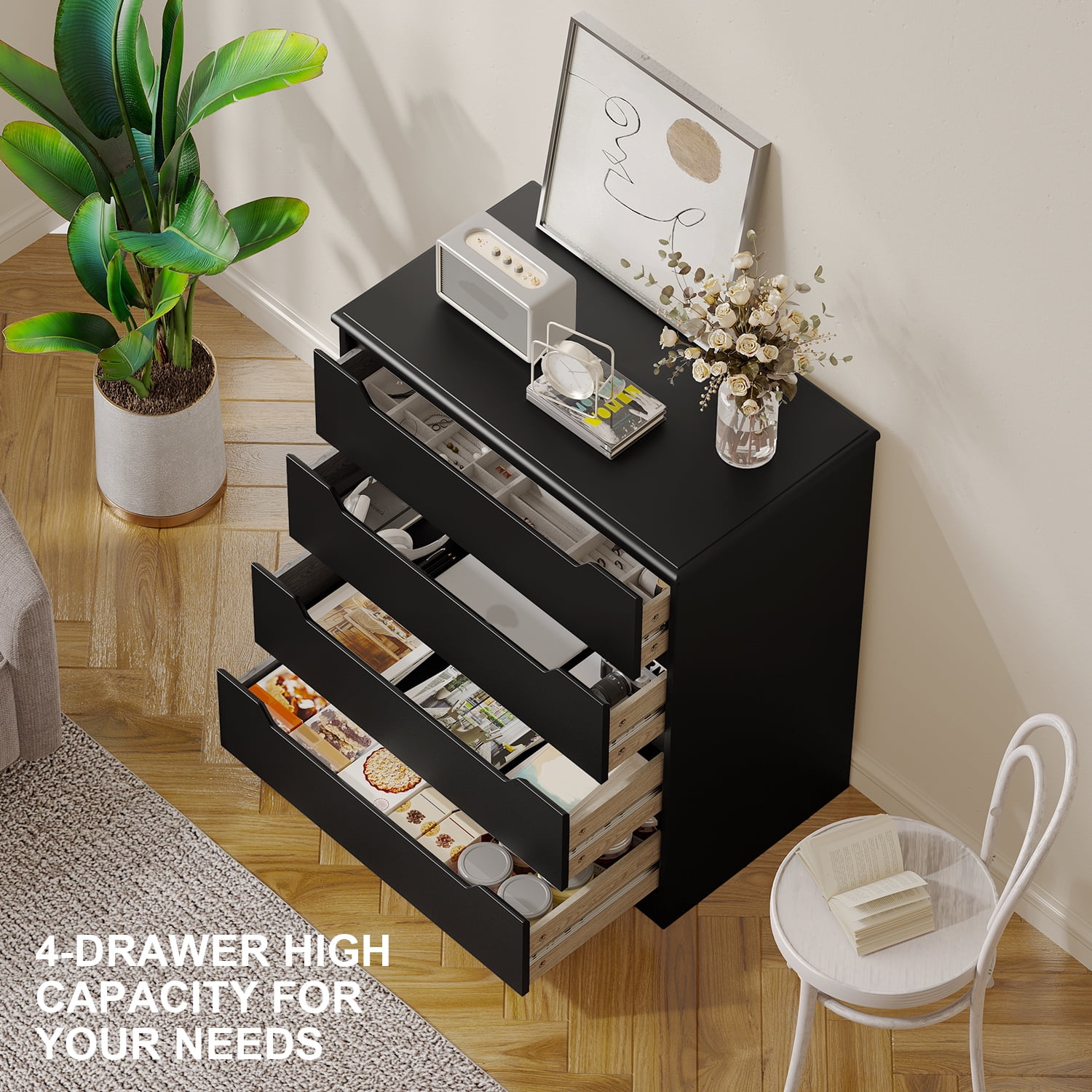 Dresser for Bedroom, Lofka 4 Drawer Dresser with Cutout Handles, Anti-Tip Safety, Large Storage Capacity, Modern Wood Chest of Drawers, Black