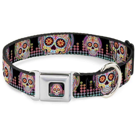 Thaneeya McArdle Pet Collar, Dog Collar Metal Seatbelt Buckle, Tranquility Beats Calaveras Floral Equalizer Black Multi, 9.5 to 13 Inches 1.0 Inch Wide