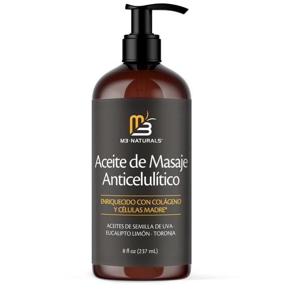 Aceite de Masaje Anticelulítico M3 Naturals, Reafirmante de la Piel con Colágeno y Células Madre, Aceite Corporal Eliminador de Celulitis, 240ml