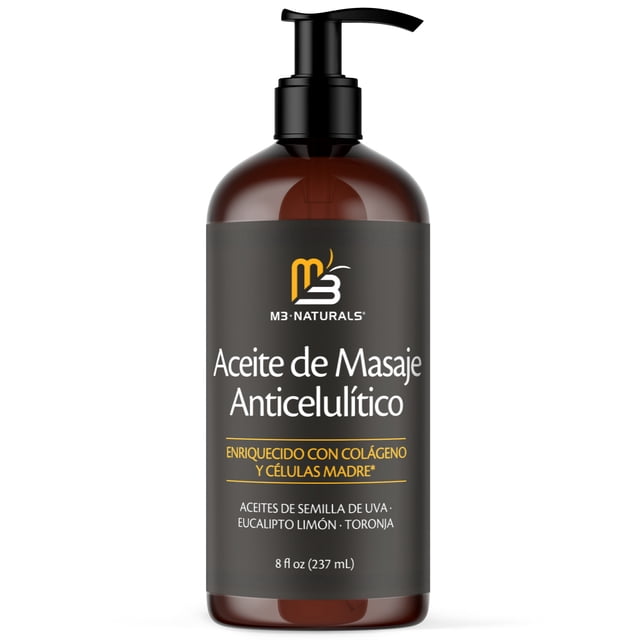 Aceite de Masaje Anticelulítico M3 Naturals, Reafirmante de la Piel con Colágeno y Células Madre, Aceite Corporal Eliminador de Celulitis, 240ml