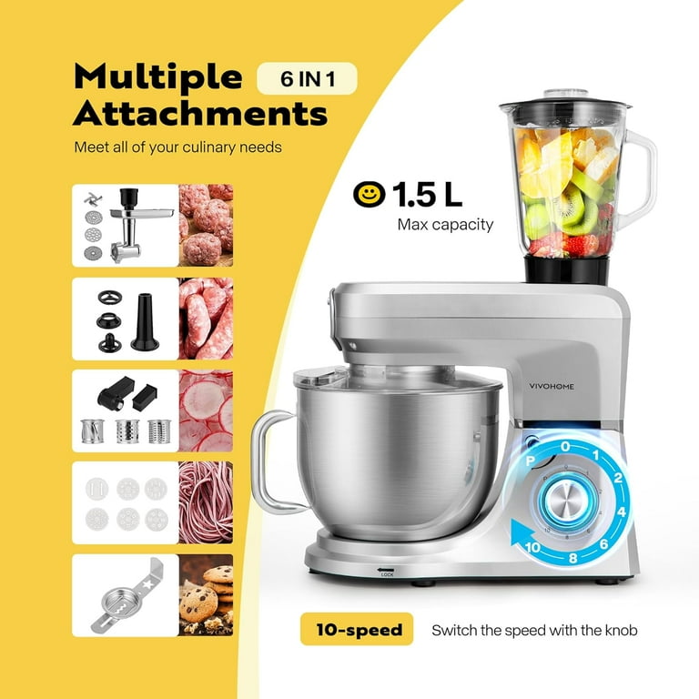 Stand Mixer, 8.5QT 8 in 1 Multifunctional Kitchen Electric Mixer with Dough  Hook, Whisk, Beater,Meat Grinder, Blender, Pasta attachment, 5-Speed with