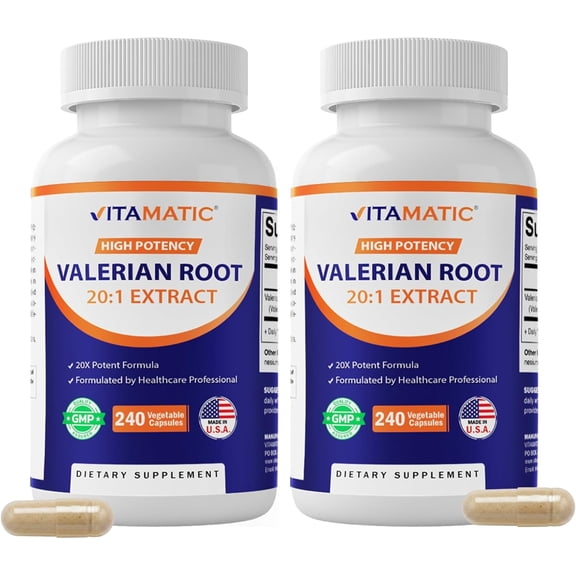 2 Vitamatic Valerian Root Extract 20:1 – Concentrated Botanical Extract Capsules – Non-GMO, Gluten Free – 240 Capsules
