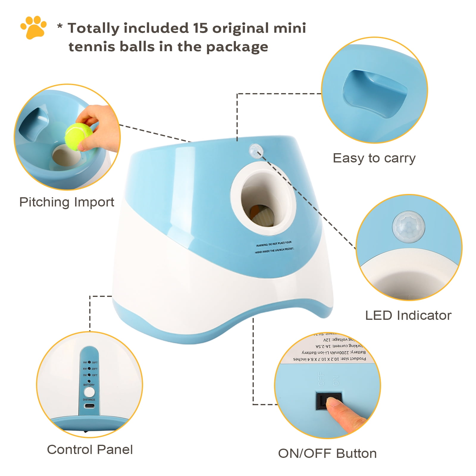 GYZJ Automatic Ball Launcher for Dogs,Interactive Dog Ball Thrower with 15x 2" Mini Tennis Balls for Small Dogs,Blue