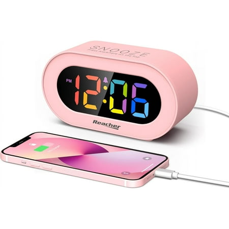 Pink Girls Alarm Clock, Dimmable Colorful LED Digital Display, USB Phone Charger Port, Simple Operation for Kids, Adults, Adjustable Volume, Snooze, Small Size Bedrooms, Bedside, Desk
