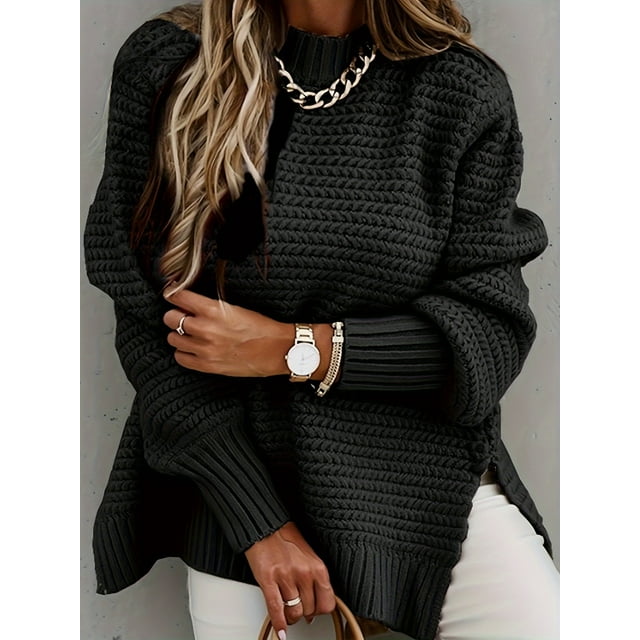 Chandail Élégant à Manches Longues pour Femmes, Ourlet Asymétrique, Col Montant, Doux, Confortable et Polyvalent