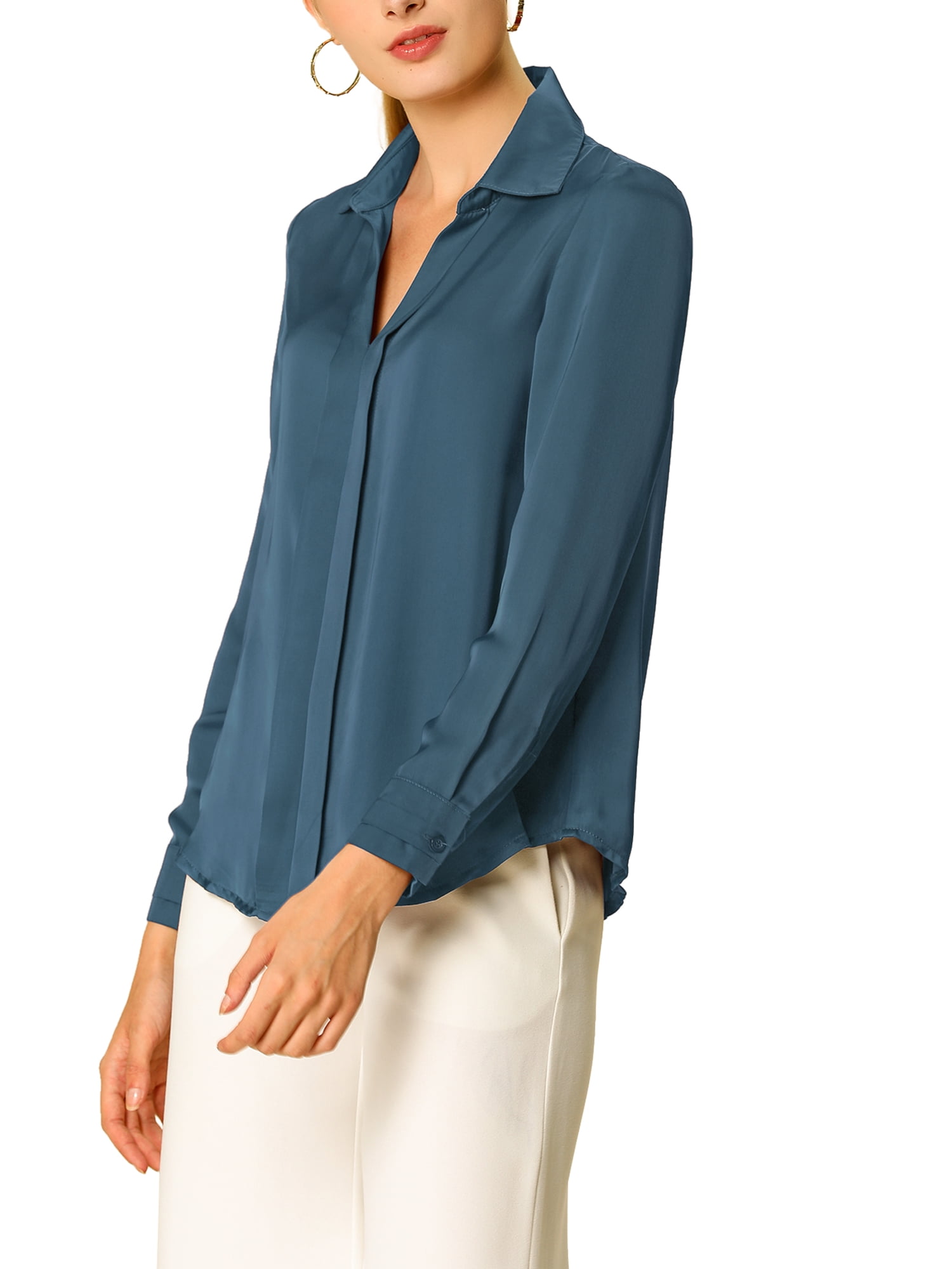 DARING DIVA Women's V Neck Classic Work Office Long Sleeve Shirt L Gray Blue