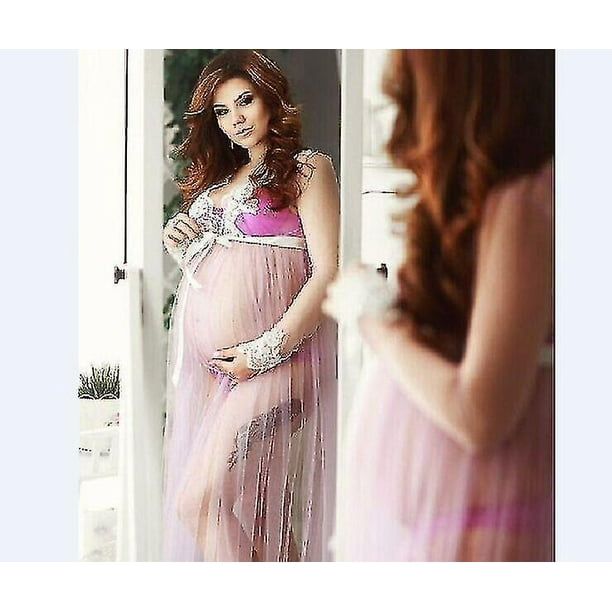 Vestidos de maternidad para sesión de fotos Ropa de fotografía de embarazo de una pieza con encaje Vestido de fregado para embarazadas Hilo de red con abertura frontal