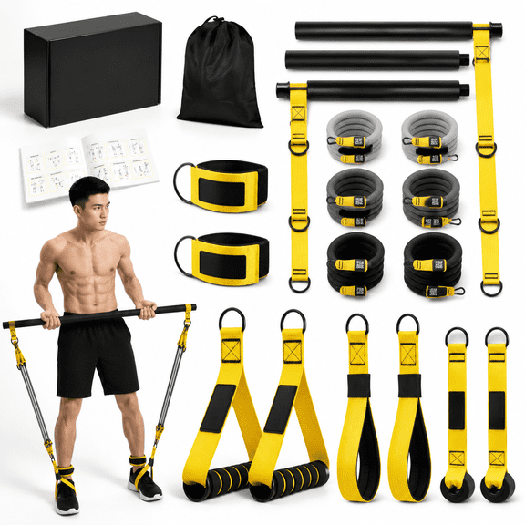Portable Pilates Bar Kit with 270lbs Adjustable Resistance Bands for Full Body Home Gym Workout