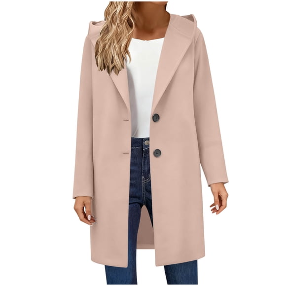 aohooy Womens Wool Pea Coat with Hood Notched Lapel Single Breasted Long Jacket Casual Woolen Overwear Winter Hooded Jackets Khaki,L