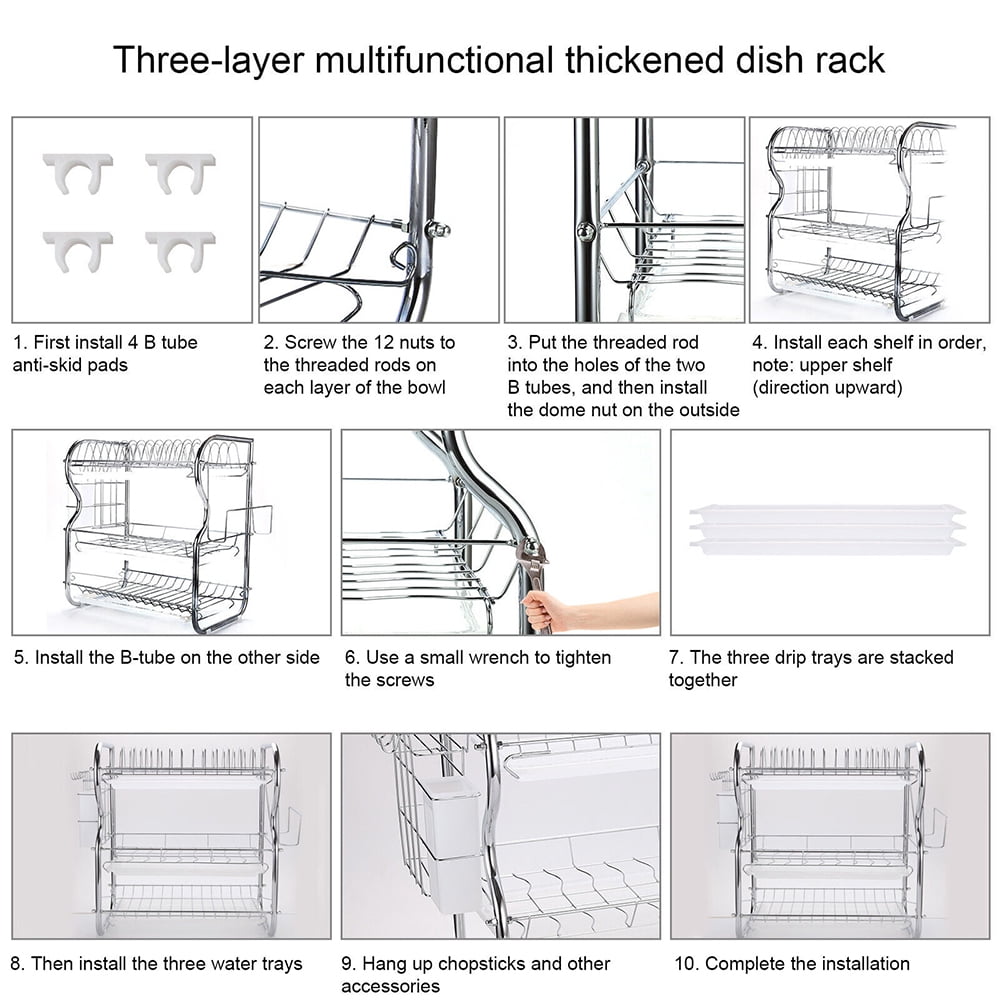3-Tier Dish Drying Rack with Tray Utensil Holder, Large Capacity Dish Drainer with Cutting Board Holder for Kitchen Counter Organizer Storage