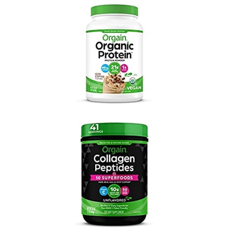 Orgain Organic Plant Based Protein Powder, Iced Coffee, 2.03 Lb + Organic Collagen + 50 Superfoods Powder, Type I & Iii, Amino Acid Supplement, Packed With Spinach, Chia, Flax, Quinoa & Acai, 16 Oz