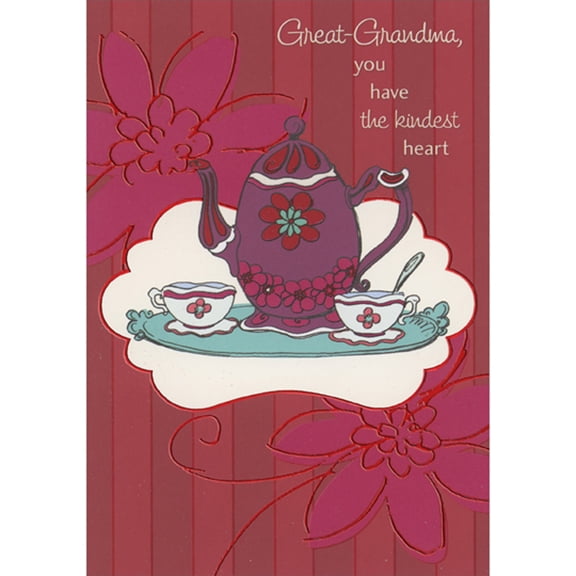 Designer Greetings Purple Teapot on Blue Tray: 2 Large Pink Flowers on Dark Red Valentine's Day Card for Great-Grandma