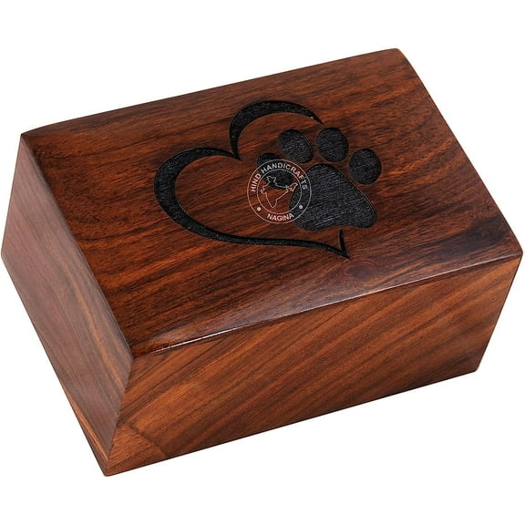 Paw Engraved Rosewood Pet Urn for Dogs Cats Memorial Keepsake Urns for Ashes, Photo Wooden Box Cremation Urn (100 Cubic in, Heart - Black)