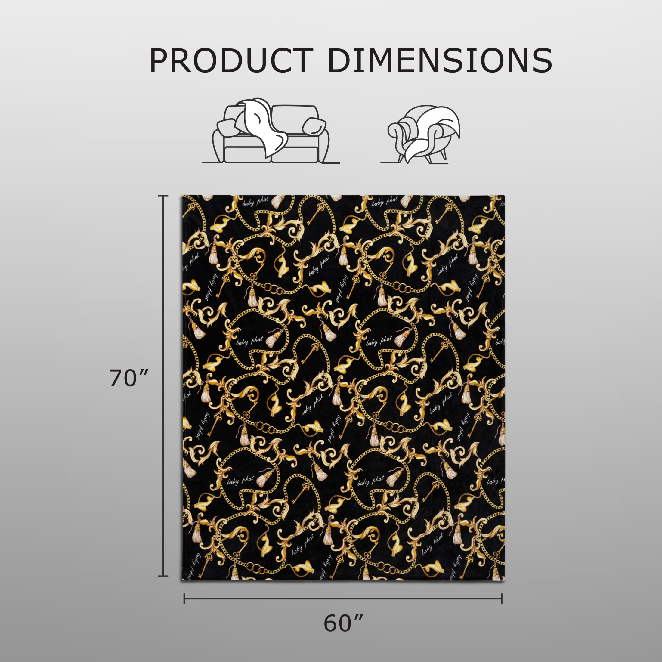 Baby Phat Oversized Plush Throw Blanket 60" x 70", Gold Chains Black