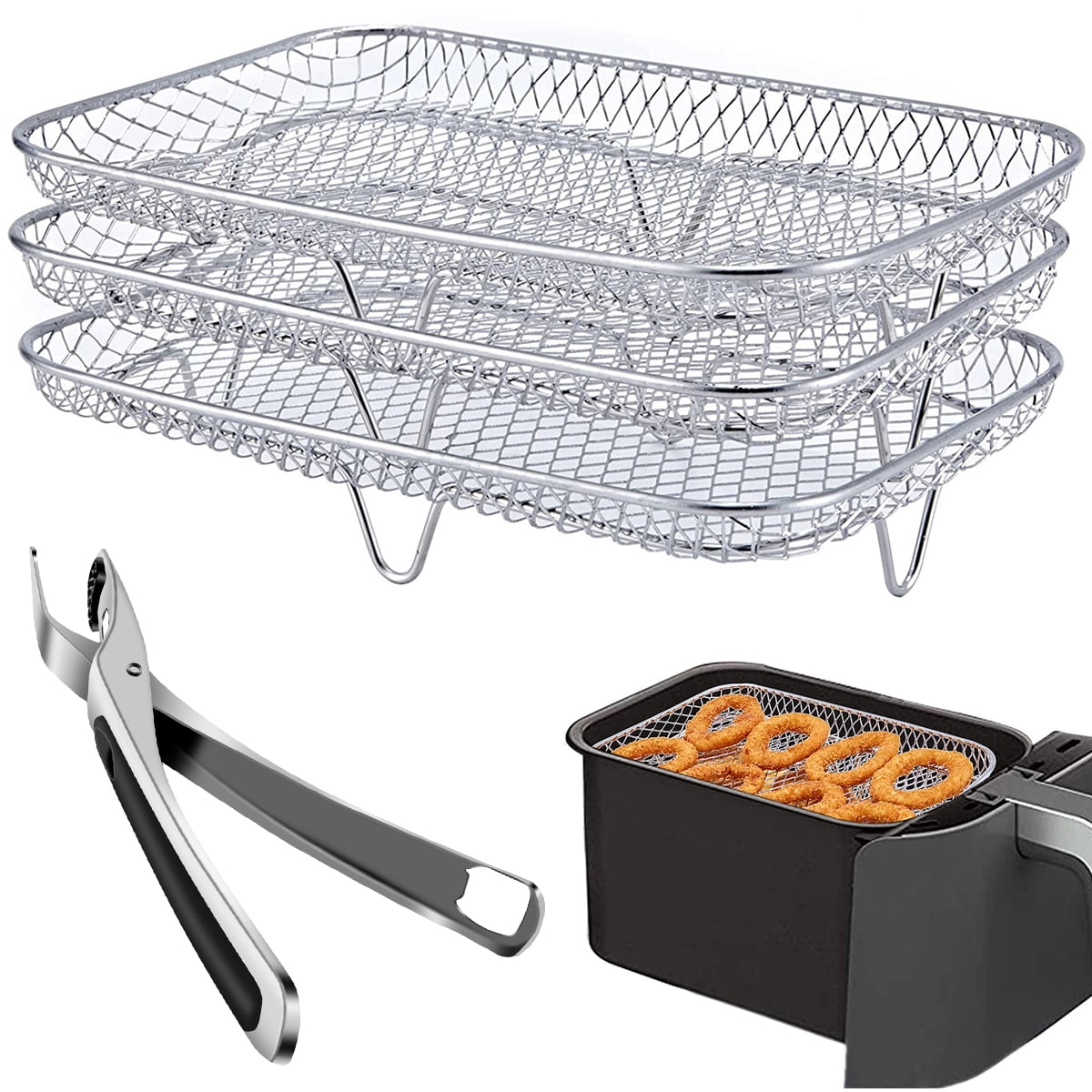 Air Fryer Rack for Ninja Dual Air Fryer Kannino 3pcs Layered Dehydrator  Racks Stainless Steel Grilling Rack Rectangle Air Fryer Basket Tray with  Clip