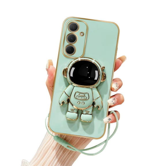 Annyojo for Samsung Galaxy A35 5G Phone Case Cute 6D Astronaut Case with Stand Function,with Lanyard Luxury Plating Case Cover Luxury Case for Galaxy A35 5G, Cyan