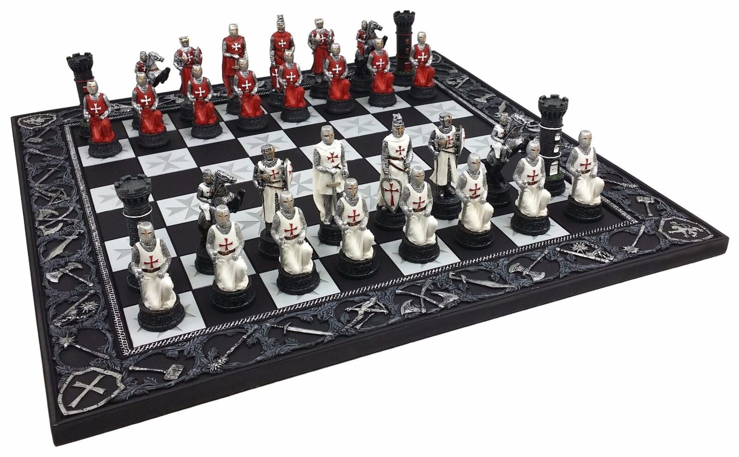 Medieval Times Crusades Red  White Armored Maltese Knights Chess Set 17" Board