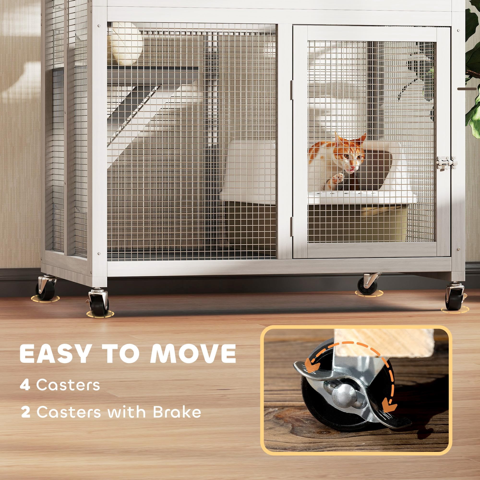 Wooden Catio Outdoor Cat Enclosure with Wheels Weatherproof Large Cat House for Outside Play High Weight Capacity Dark Gray