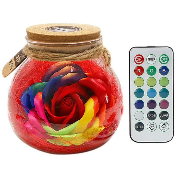 Botella de deseos Control remoto Flor rosa Luz de noche LED Bombilla romántica Lámpara de atenuación RGB Regalo de cumpleaños del día de San Valentín Kearding JJ17958-01B