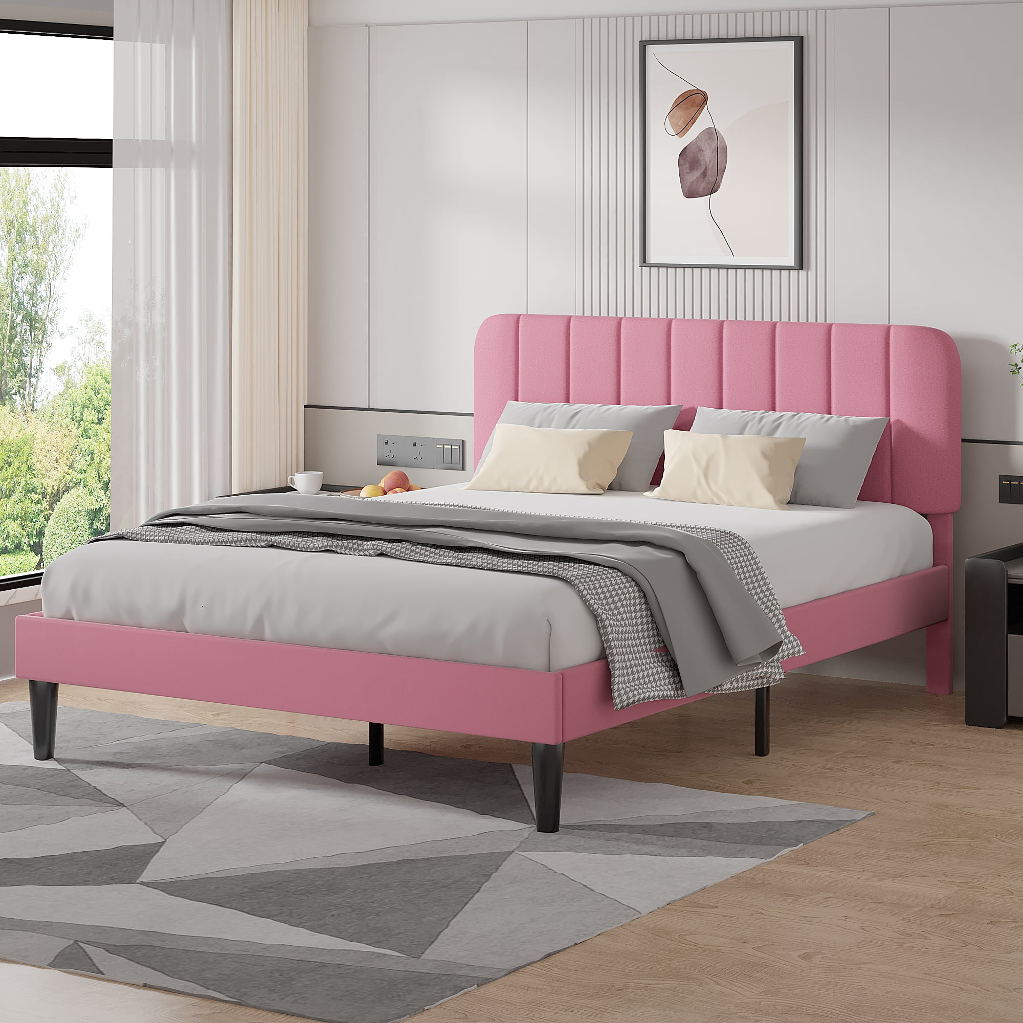 Taomika, Queen Size Upholstered Platform Bed Frame with Adjustable Headboard-Pink