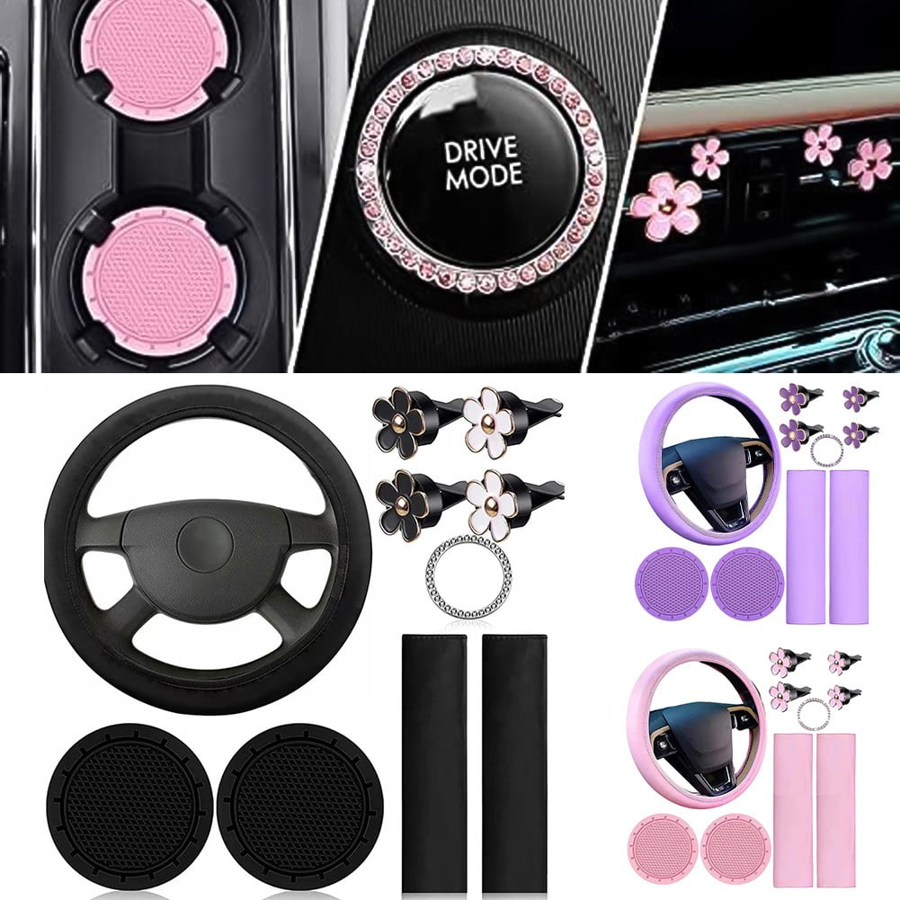 For Most Cars Feminine Car Decor Car Accessories Set Car Interior Decoration Pink Stylish Steering Wheel Cover