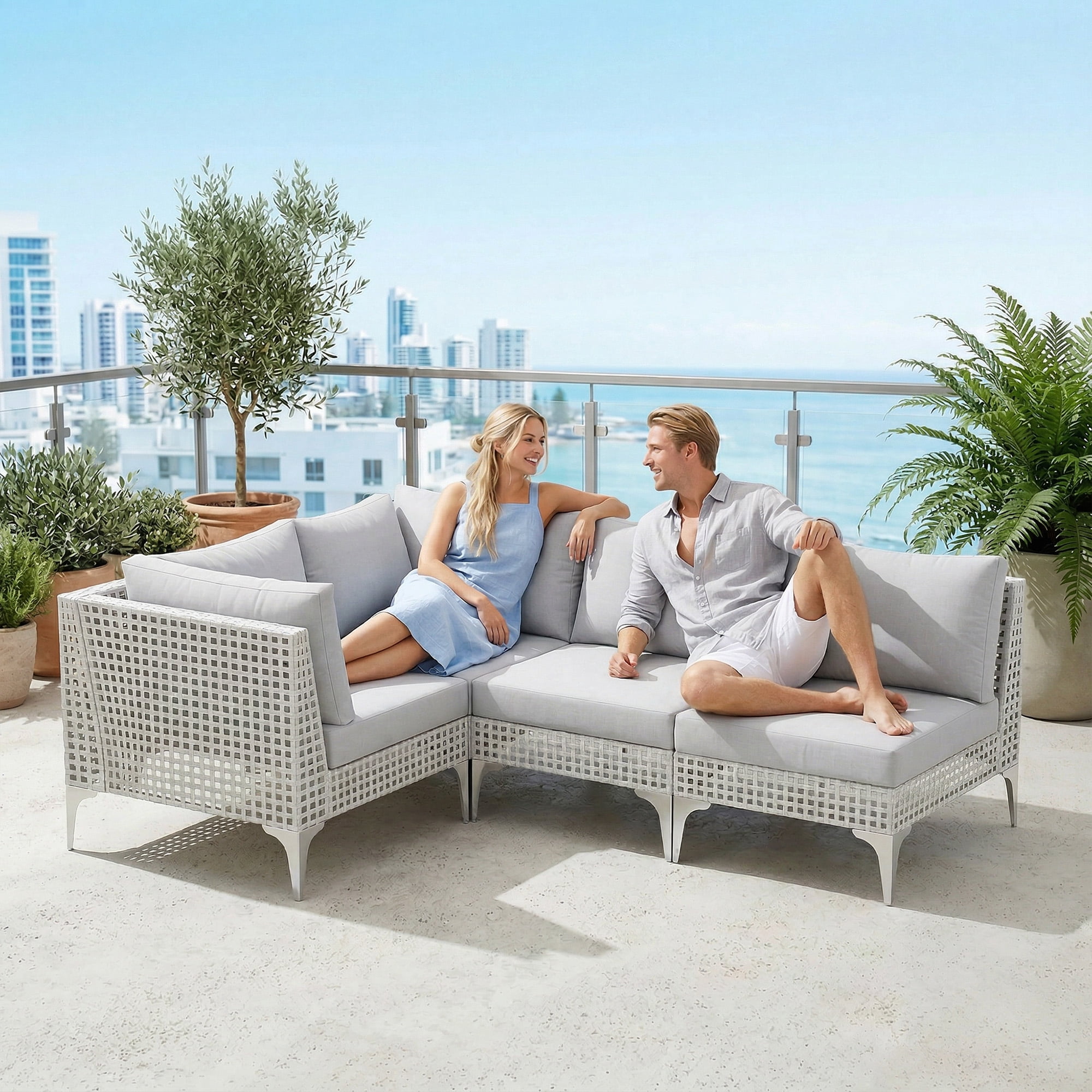 RADIATA 4 Pcs Patio Boho Furniture Sofa Sets with Light Gray Cushions , All-Weather White PE Wicker Outdoor Conversation Sets for Backyard, Deck, Patio Sofa Sectional
