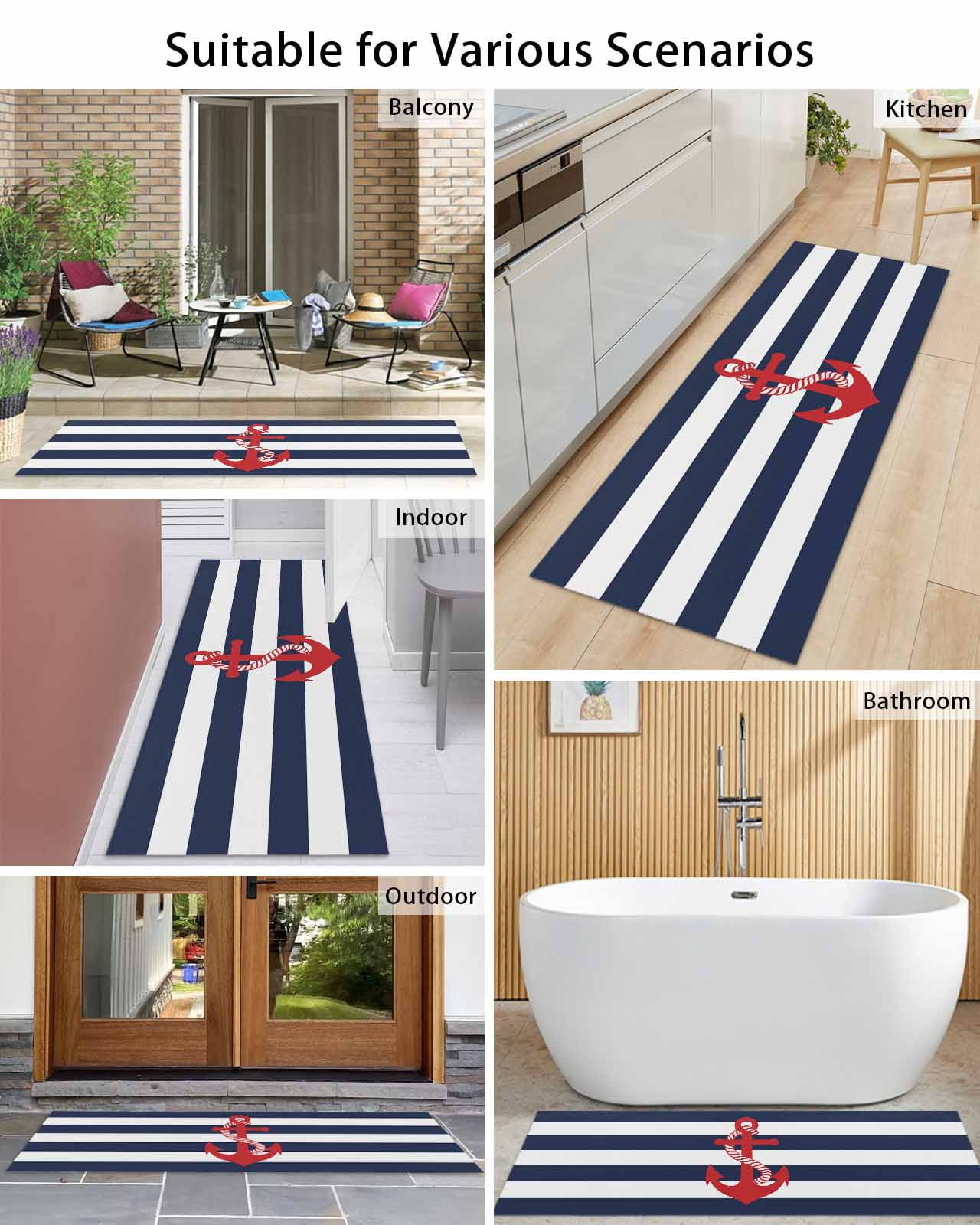 Nautical Anchor Front Door Mat Coastal Navy Blue Stripe Welcome