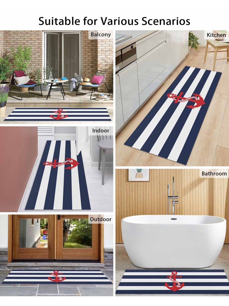 Nautical Anchor Front Door Mat Coastal Navy Blue Stripe Welcome