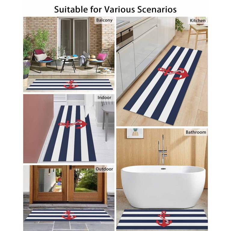 Nautical Anchor Front Door Mat Coastal Navy Blue Stripe Welcome
