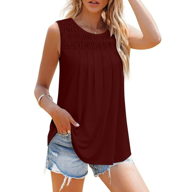LSLJS Women's Womens T-Shirt Sans Manches Décontracté Sexy Couleur Unie Col Rond Plissé Tank Blouse Tops, Tank Tops