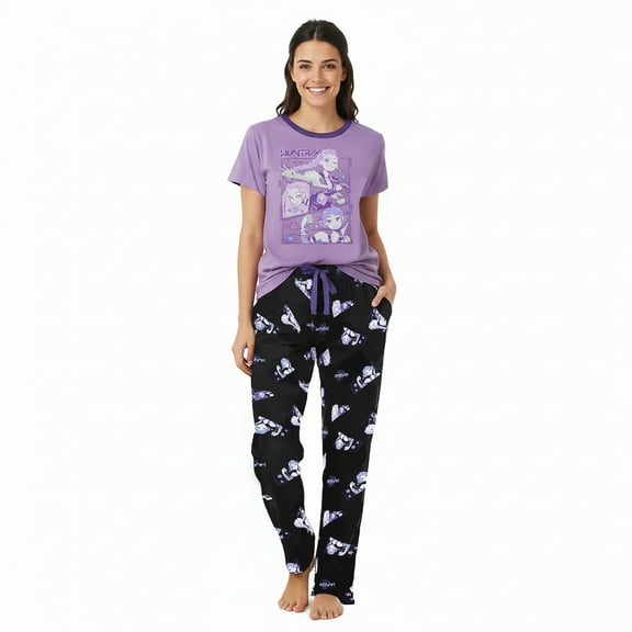 KPop Demon Hunters Rumi, Mira & Zoey Graphic Sleep Shirt with Character AOP Sleep Pants Set - Juniors 2-Piece Pajama Set