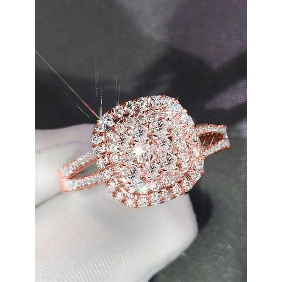 Rose Gold Square Cubic Zirconia Halo Ring For Women, Engagement Wedding Valentines Day Gift