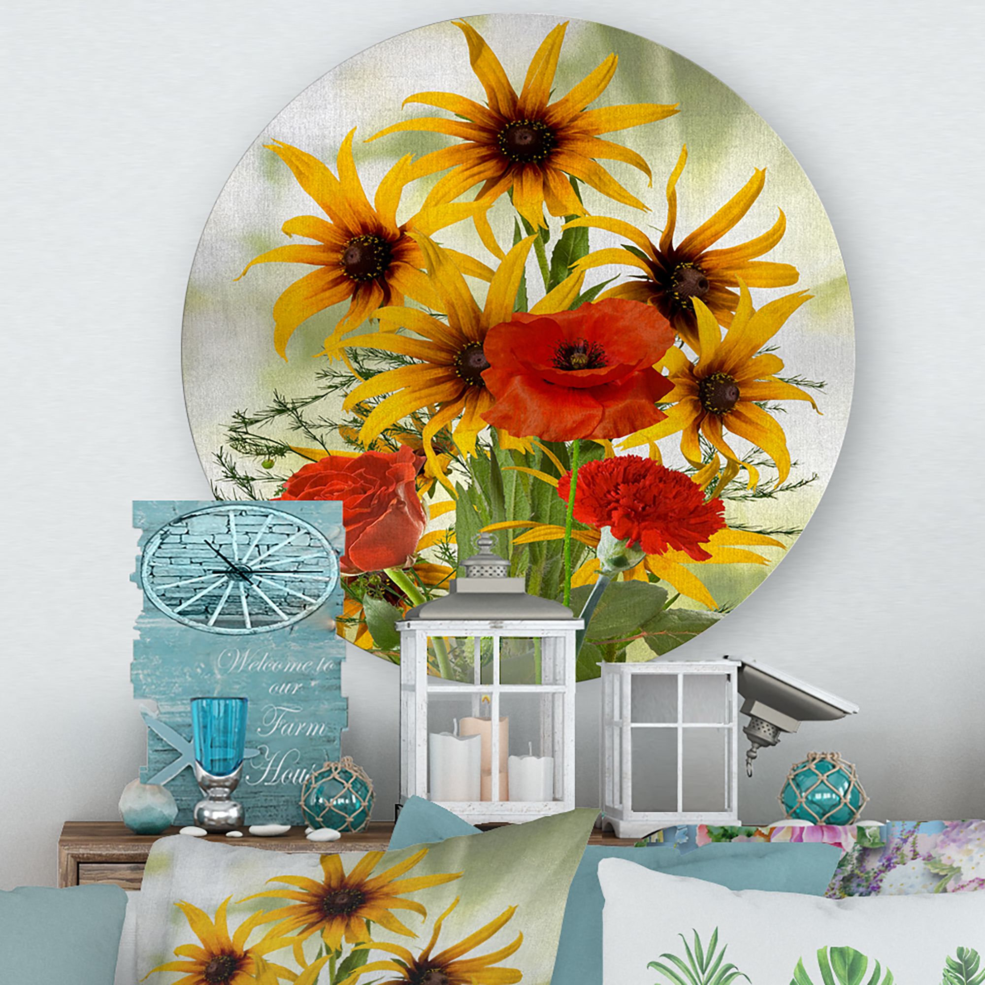 Designart 'Poppies and Sunflowers In The Wild' Traditional Circle Metal Wall Art 11x11 - Disc of 11