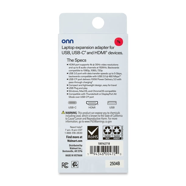 onn USB Type C 3 in 1 Adapter with 4 inch cable - Walmart Business