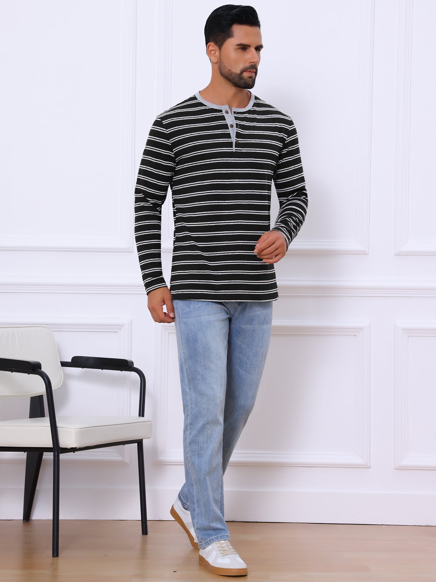DARING DIVA Men's Long Sleeve Contrasting Colors Striped Henley T-Shirt M Black