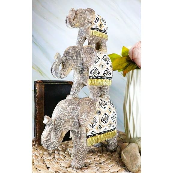 Ebros Silver Animal Totem Pole Stacked Elephant Statue W/ Unique Tapestry Design