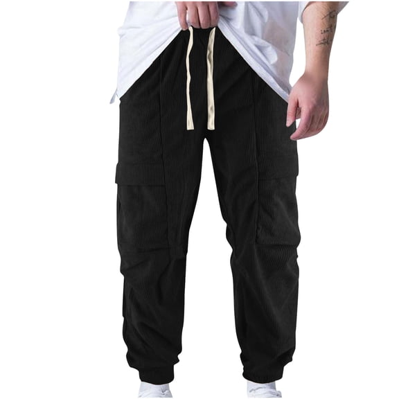 Mens Corduroy Cargo Jogger Pants Elastic Waist Drawstring Multi-Pocket Pants Trendy Casual Work Black XL