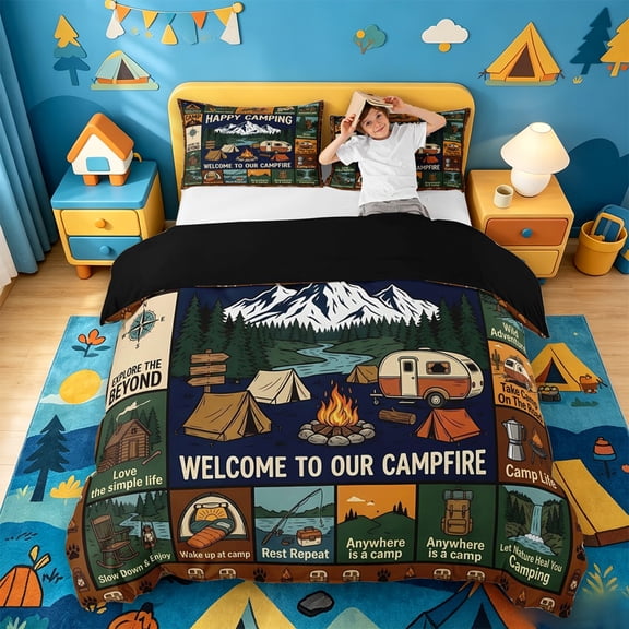 Catabedysis Country Style Camping Bedding,Happy Camping Print Duvet Cover Full For Boys,Multicolor,Black Reversible,3-Piece,1 Duvet Cover and 2 Pillowcases