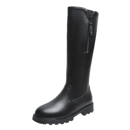 

SEMIMAY Ladies Fashion Solid Color Leather Side Zipper Warm Thick Heel Boots Black