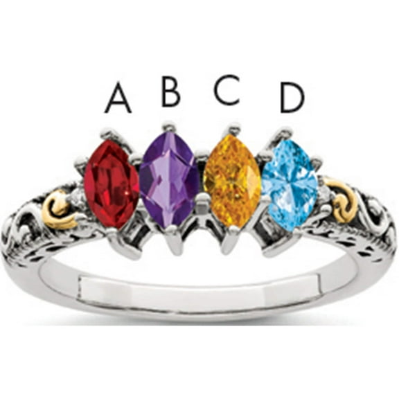 14K/Silver Two-Tone Sterling Silver & 14K Four-Stone And Diamond Mother's Ring Semi-Mount (Size 5) Made In Thailand qmr22/4-5