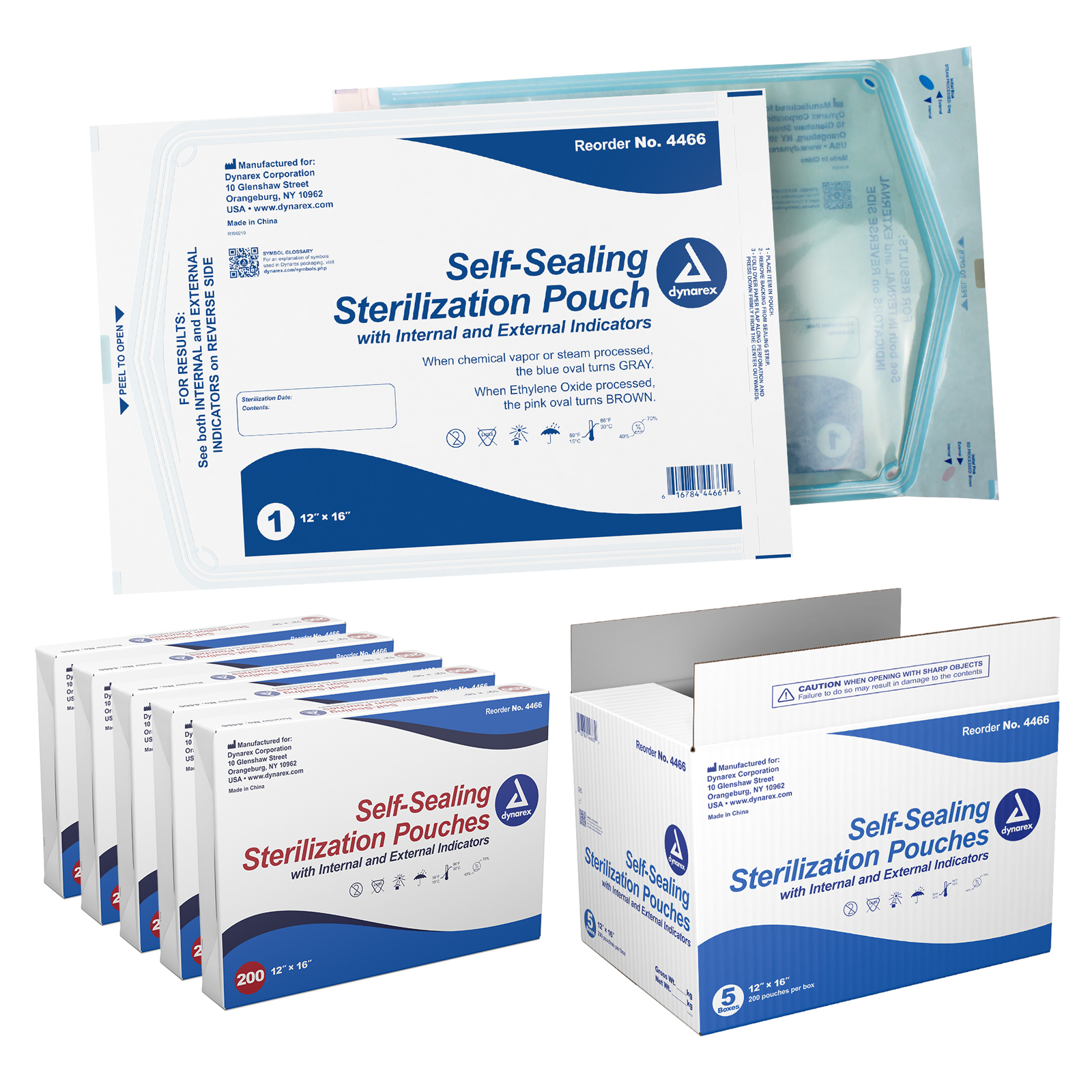 Dynarex Sterilization Pouches - Self Sealing Autoclave Bag for Medical, Dental, Tattoo & Nail Care Tools - Blue Tinted Transparent Cover, Dual Color Indicators, Size 12" x 16", 1 Case of 1,000