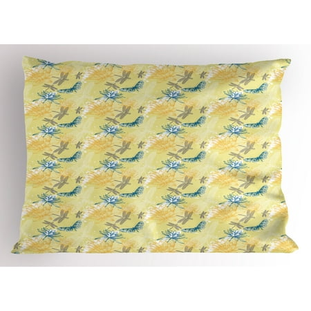 - Dragonfly Pillow Sham Water Lilies and Flying Insects in Artistic Vintage Style Exotic Fauna, Decorative Standard Size Printed Pillowcase, 26 X 20 Inches, Pale Yellow Blue, by Ambesonne