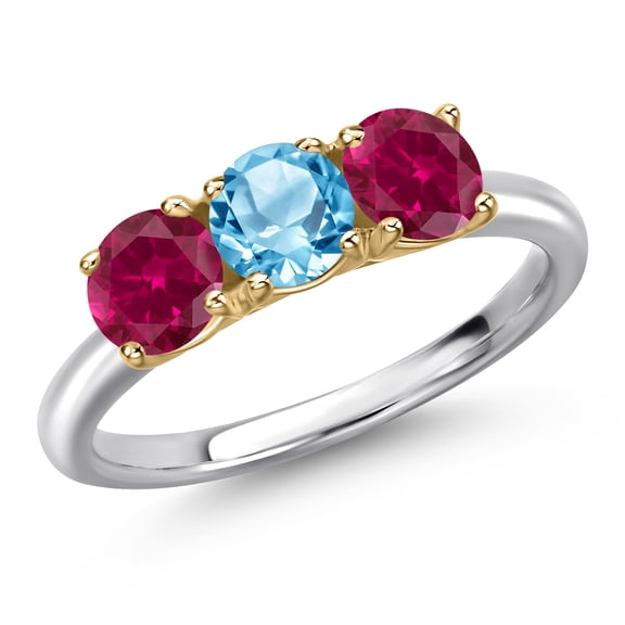 Gem Stone King 10K Two Tone Gold Swiss Blue Topaz and Red Created Ruby Engagement Ring for Women | 1.85 Cttw | Round 5MM | Gemstone November Birthstone | Size 8