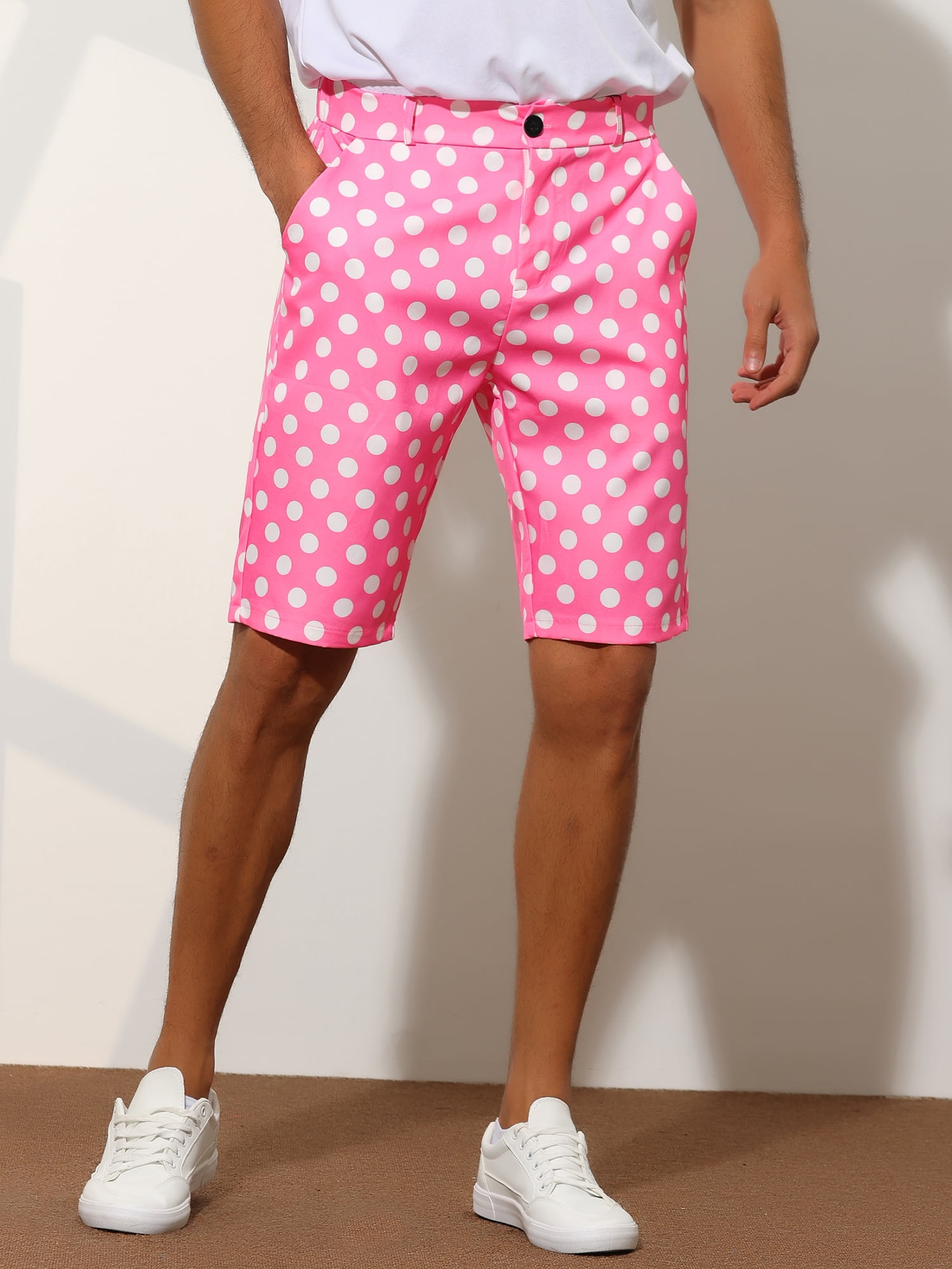 Unique Bargains Men's Polka Dots Shorts Straight Fit Comfort Flat Front Chino Shorts 34 Pink