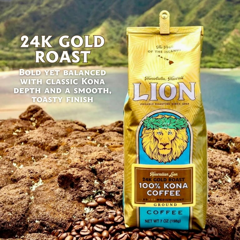 Lion Coffee 24K Gold Roast, 100% Kona Hawaiian Grounds, Medium