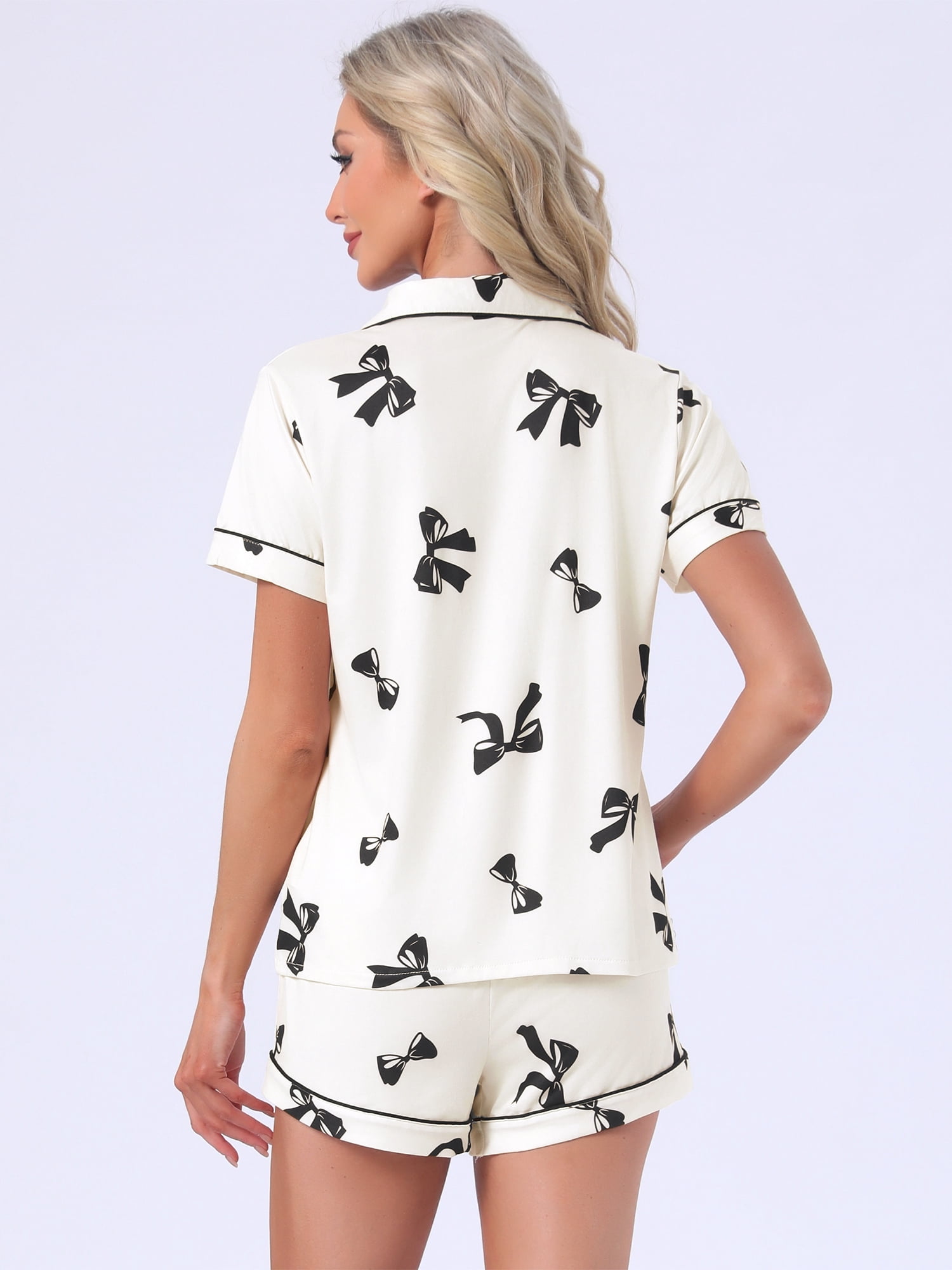 DARING DIVA Women's Pajama Sets Short Sleeves Bow Button Up Tops and Shorts M White
