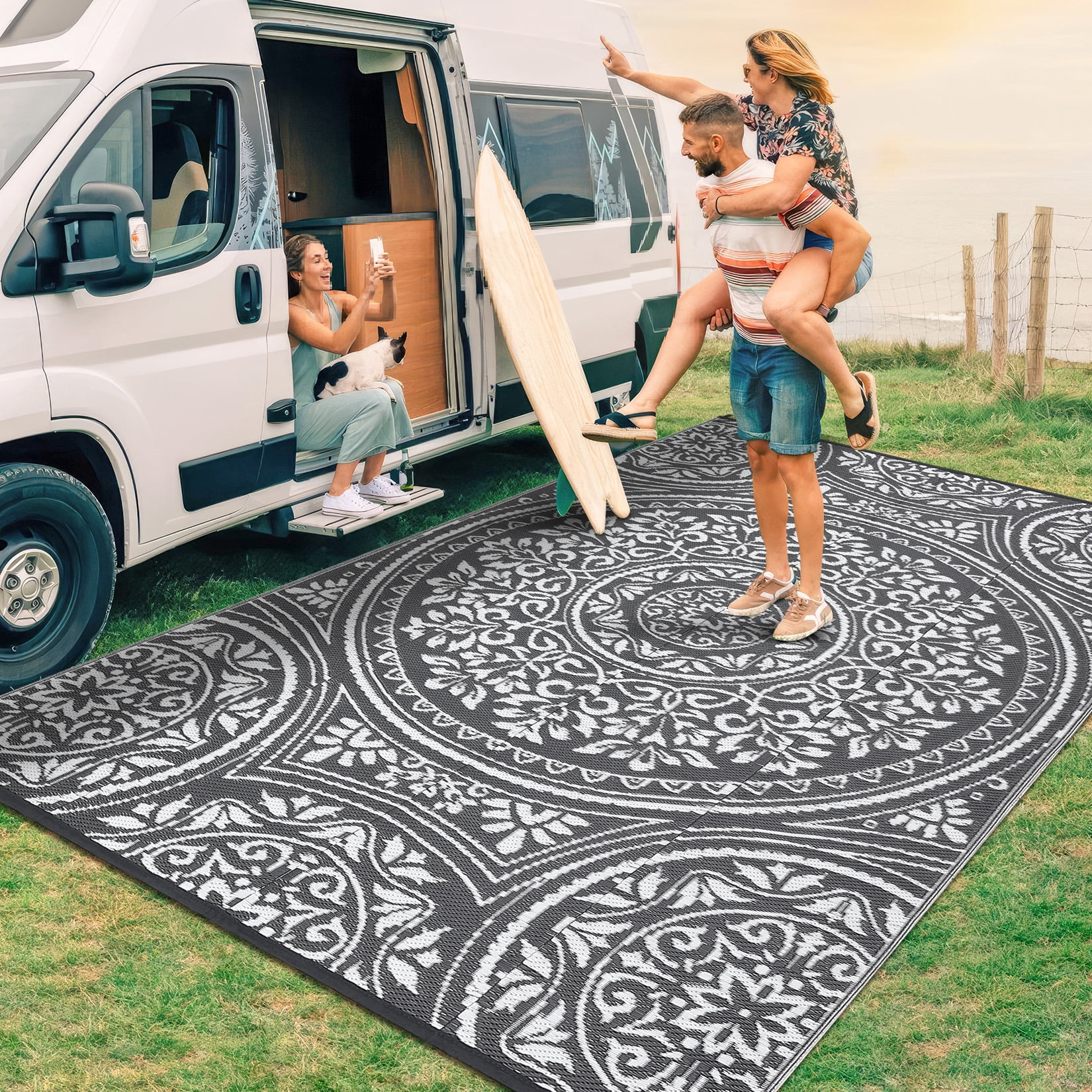 Garvee 9'x12' Waterproof Outdoor Rug Floral Reversible Outdoor Carpet, Plastic Straw Rug Portable RV Picnic Camping Mat for Garden Backyard Deck Balcony, Gray