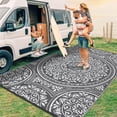thumbnail image 2 of Garvee 9'x12' Waterproof Outdoor Rug Floral Reversible Outdoor Carpet, Plastic Straw Rug Portable RV Picnic Camping Mat for Garden Backyard Deck Balcony, Gray, 2 of 6