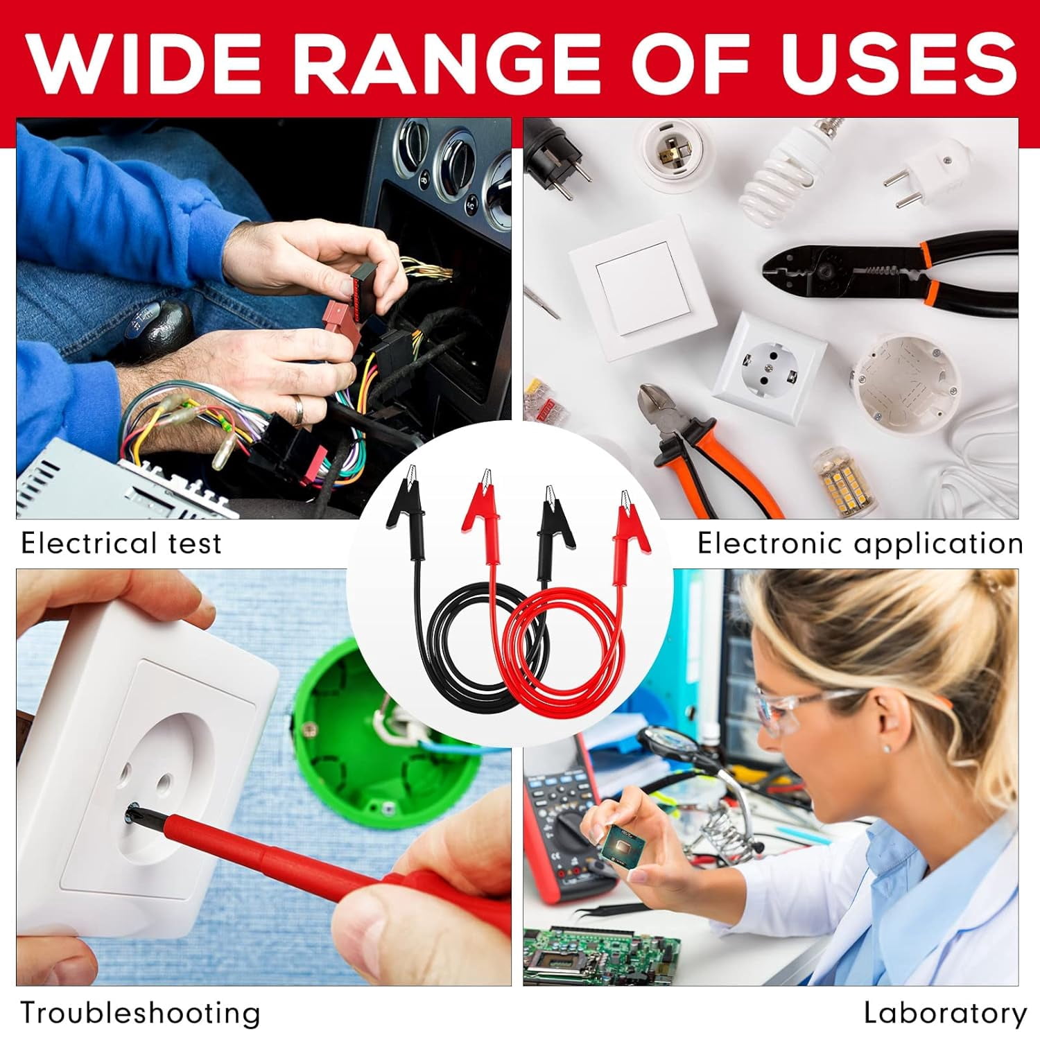 ABCISI 4 Pcs 14 Gauge Jumper Wires Alligator Clips to Alligator Clip Electrical Test Wires Set Silicone Flexible Cable for Electrical Testing (3.3 Ft)