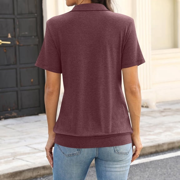 Short Sleeve Polo Shirts for Women Banded Bottom Tennis Golf Shirt Business Casual Loose Collared V Neck Top Blouses Wine XL
